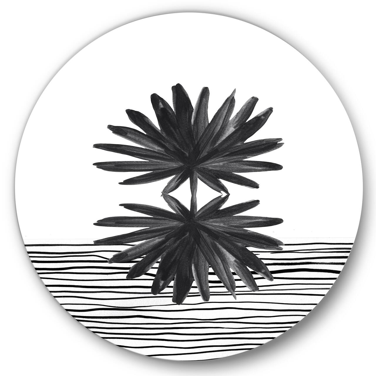 Designart - Black and White Tropical Leaf On Striped II - Modern Metal Circle Wall Art